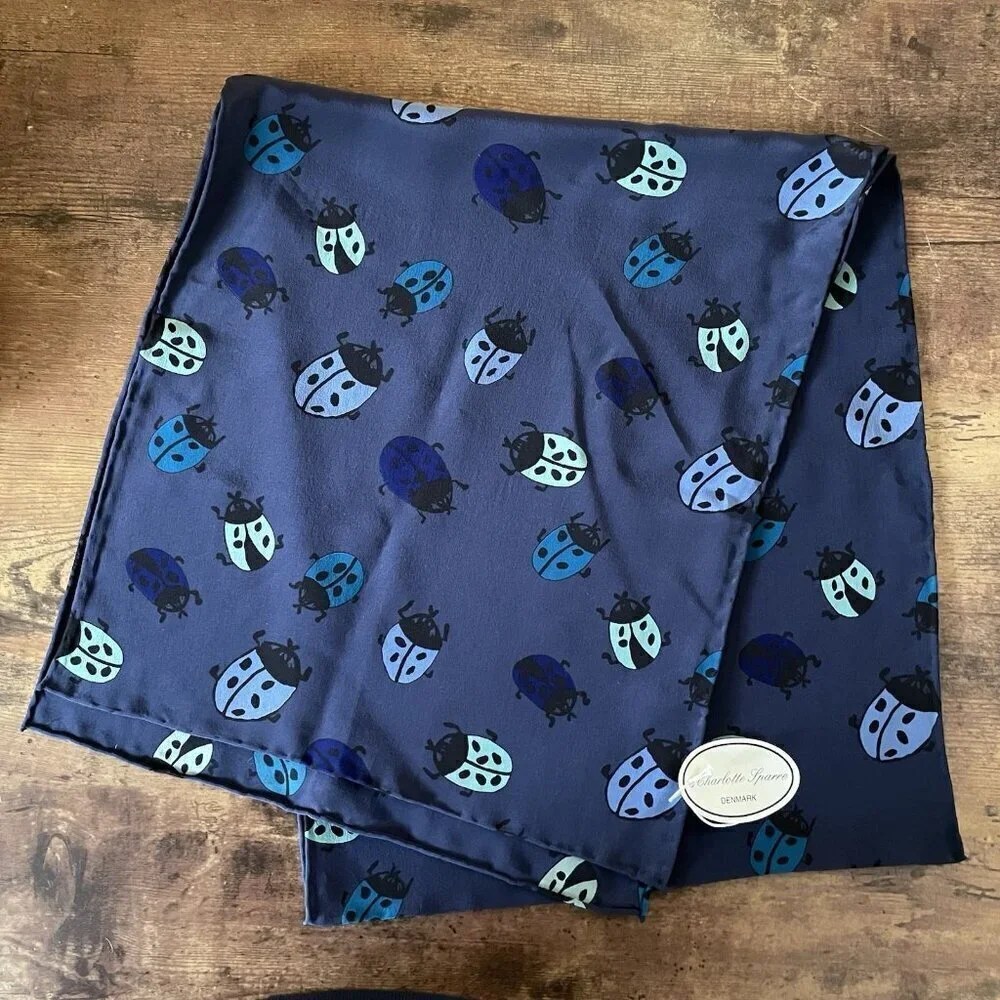 Vintage Charlotte Sparre Denmark Womens Scarf Navy Blue Silk Ladybug Print 63x13